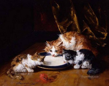  Milk Painting - Alfred Brunel de Neuville three cats sucking milk